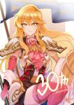  1girl anniversary armor armpit_crease artist_logo axe belt blonde_hair border breasts bridal_gauntlets brown_background commentary earrings english_commentary fire_emblem fire_emblem:_genealogy_of_the_holy_war fire_emblem_heroes flag highres holding holding_axe horse horseback_riding jewelry lachesis_(fire_emblem) lachesis_(loving_sister)_(fire_emblem) logo long_hair looking_at_viewer medium_breasts pink_bridal_gauntlets pink_thighhighs revolverwing riding shoulder_pads smile solo thighhighs thighs very_long_hair white_border yellow_eyes 