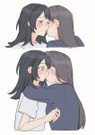  2girls bang_dream! bang_dream!_it's_mygo!!!!! black_hair black_shirt blue_eyes brown_hair commentary highres hug jenjen kiss long_hair multiple_girls shiina_taki shirt simple_background tears white_background white_shirt yahata_umiri yuri 