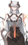  1girl absurdres arknights artist_name black_horns breasts chinese_commentary commentary_request cowboy_shot dragon_girl dragon_horns earrings expressionless grey_hair gun hair_between_eyes head_tilt highres holding holding_gun holding_shield holding_weapon horns jewelry large_breasts long_hair looking_at_viewer madana_gege multicolored_horns multiple_horns orange_eyes orange_horns pencil_skirt saria_(arknights) shield simple_background skirt solo straight-on two-tone_horns weapon white_background wide_hips 