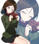  1girl absurdres black_shirt blue_eyes box breasts brown_hair closed_eyes commentary_request girls_und_panzer gratin_(kumaisao) green_jacket heart-shaped_box highres holding jacket large_breasts long_hair looking_at_viewer multiple_views nonna_(girls_und_panzer) pravda_military_uniform shirt simple_background sitting smile solo white_background 