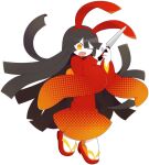  1girl animal_ears brown_hair fake_animal_ears fang floating_hair funamusea funamusea_(artist) geta halftone hime_cut holding holding_knife japanese_clothes kimono kitchen_knife knife long_hair nail_polish obi official_art one_eye_closed oounabara_to_wadanohara open_mouth red_kimono red_nails sandals sash short_kimono simple_background smile solo tabi totsusahime_(funamusea) very_long_hair weapon white_background wide_sleeves yellow_eyes 
