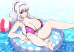  1girl breasts feet hairband idolmaster jabara_tornado large_breasts long_hair purple_eyes shijou_takane silver_hair smile soles solo 