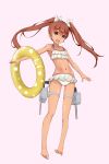  :d absurdres armpits bare_shoulders barefoot bikini brown_eyes brown_hair frilled_bikini frills full_body hair_ribbon highres kantai_collection libeccio_(kantai_collection) long_hair looking_at_viewer midriff navel neve open_mouth pink_background ribbon simple_background smile solo swimsuit twintails 