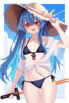  1girl alternate_costume alternate_headwear bikini blue_bikini blue_hair blue_sky blush breasts brown_hat chunjiu cloud collarbone commentary_request day fruit_hat_ornament hand_on_headwear hat hat_ornament highres hinanawi_tenshi holding holding_sword holding_weapon leaf_hat_ornament long_hair looking_at_viewer navel peach_hat_ornament red_eyes see-through_clothes see-through_shirt shirt side-tie_bikini_bottom sky small_breasts solo stomach straw_hat swimsuit sword sword_of_hisou thighs tied_shirt touhou weapon white_shirt 