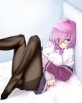  black_legwear breast_pocket breasts carmine_(ucdio) collared_shirt cosplay eyebrows_visible_through_hair eyes_visible_through_hair fate/grand_order fate_(series) glasses hair_over_one_eye highres jacket large_breasts look-alike looking_at_viewer mash_kyrielight on_bed pantyhose pleated_skirt pocket purple-framed_eyewear purple_eyes purple_hair purple_jacket purple_skirt semi-rimless_eyewear shinjou_akane shinjou_akane_(cosplay) shirt short_hair skirt solo ssss.gridman white_shirt 