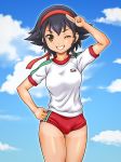  1girl black_hair blush braid breasts brown_eyes buruma cameltoe girls_und_panzer gym_uniform hair_ornament hairband haru_kanata large_breasts one_eye_closed pepperoni_(girls_und_panzer) sky smile solo tan tanline 