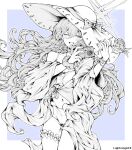  1girl absurdres artist_name atsuko_(blue_archive) atsuko_(swimsuit)_(blue_archive) belly blue_archive breasts camera collarbone commentary_request dress floating_hair flower frilled_thigh_strap hat highres holding holding_camera holding_flower korean_commentary lightningace long_hair looking_at_viewer monochrome navel off_shoulder one_eye_closed open_mouth see-through_clothes see-through_dress simple_background small_breasts smile solo tank_top thigh_strap two-tone_background white_hat 