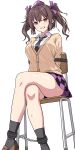  1girl absurdres alternate_costume bdsm black_necktie black_skirt black_socks blush bondage bound bound_arms breasts brown_hair brown_shoes cardigan chain chair checkered_clothes checkered_skirt clenched_teeth collared_shirt commentary commission crossed_legs hat highres himekaidou_hatate large_breasts loafers looking_at_viewer missing_wings necktie on_chair pointy_ears purple_hat purple_skirt rise_(rise19851203) school_chair school_uniform shirt shoes simple_background sitting skeb_commission skirt socks solo teeth thighs tokin_hat touhou twintails two-tone_skirt white_background white_shirt yellow_cardigan 