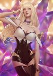  ahri animal_ears artist_name bare_shoulders black_legwear blonde_hair bracelet breasts choker cleavage fox_ears fox_tail heart heart_choker highres idol jewelry k/da_(league_of_legends) k/da_ahri large_breasts league_of_legends leotard long_hair looking_at_viewer multiple_tails off_shoulder parted_lips raikoart revision signature single_earring solo tail thighhighs whisker_markings yellow_eyes 