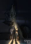 4_eyes 6_arms absurd_res alien anthro archigalaxy arthropod arthropoid_(stellaris) arthropoid_5 black_tongue brown_body brown_skin dark dark_room featureless_crotch gloves_(marking) hammerspace hi_res insect leg_markings long_neck markings multi_arm multi_eye multi_limb neck_bulge nuclear_bomb nude object_ingestion object_vore open_mouth paradox_interactive pesh_(pecius) shadow socks_(marking) standing stellaris storage_room stripes swallowing tail tan_body tan_skin teal_eyes thick_neck thick_tail tongue vore white_stripes