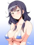  ahoge artist_name bare_shoulders bikini blush breasts cleavage collarbone deego_(omochi_bazooka) eyebrows_visible_through_hair gradient gradient_background hair_flaps highres kantai_collection large_breasts low_twintails micro_bikini purple_eyes purple_hair simple_background solo swimsuit taigei_(kantai_collection) twintails wavy_mouth white_background 