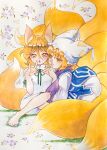  2girls absurdres animal_ears barefoot blonde_hair blue_tabard commentary_request dress fang fox_ears fox_girl fox_shadow_puppet fox_tail grass green_ribbon hat highres kitsune kudamaki_tsukasa kyuubi leaning_forward long_sleeves mob_cap multiple_girls multiple_tails open_mouth paper_texture pom_pom_(clothes) ribbon romper short_hair short_sleeves sitting skin_fang sleeve_ribbon tabard tail tottokototoko24 touhou traditional_media watercolor_pencil_(medium) white_background white_dress white_hat white_romper white_trim wide_sleeves yakumo_ran yellow_eyes 