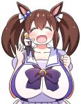  1boy 1girl absurdres animal_ears black_pants breasts brown_hair closed_eyes collarbone commentary_request giant giantess happy highres hishi_akebono_(umamusume) horse_ears horse_girl hug huge_breasts kaijin_debeso mini_person open_mouth pants purple_shirt school_uniform shirt short_hair simple_background thick_eyebrows tracen_school_uniform twintails umamusume white_background 