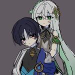  1boy 1girl alternate_hairstyle armlet behind_another black_bodysuit black_eyes black_hair blue_cape blue_gem blue_kimono blunt_ends bodysuit braid cape choppy_bangs closed_mouth commentary_request cracked_skin cross-shaped_pupils crossed_bangs detached_sleeves dress empty_eyes gem genshin_impact gold gold_armlet gold_trim green_eyes green_hair green_pupils green_sleeves grey_background grey_dress hair_between_eyes hair_down hair_intakes hair_ornament half_crown_braid japanese_clothes jewelry juban kimono korean_commentary leaf leaf_hair_ornament looking_at_viewer mandarin_collar multicolored_hair nahida_(genshin_impact) open_clothes open_kimono scaramouche_(genshin_impact) short_sleeves side_cape single_bare_shoulder smile streaked_hair symbol-shaped_pupils vision_(genshin_impact) wanderer_(genshin_impact) wheat_02 white_hair white_kimono white_sleeves 