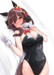  1girl absurdres animal_ears black_leotard blush bow bowtie brown_hair brown_tail closed_mouth commentary_request covered_navel detached_collar ear_covers gentildonna_(umamusume) gloves gryebooks heart_ear_ornament highleg highleg_leotard highres horse_ears horse_girl leotard looking_at_viewer lying nontraditional_playboy_bunny on_back red_bow red_bowtie red_eyes simple_background smile solo strapless strapless_leotard umamusume white_background white_gloves white_wrist_cuffs wrist_cuffs 