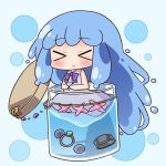  &gt;_&lt; :&gt; bangs bare_arms bare_shoulders blue_background blue_eyes blue_hair blush bow closed_eyes closed_mouth collared_dress dress eyebrows_visible_through_hair facing_viewer flower hana_kazari in_container jar jewelry long_hair looking_at_viewer merc_(merc_storia) merc_storia pink_flower purple_bow ring sleeveless sleeveless_dress solo very_long_hair water white_dress 