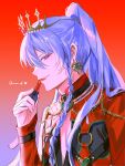  1boy braid closed_mouth commentary_request cosmetics earrings ensemble_stars! fingernails glint gradient_background hand_up heart heart_earrings hibiki_wataru high_ponytail highres holding holding_lipstick_tube jewelry lipstick lipstick_tube long_hair long_sleeves looking_at_viewer makeup male_focus official_alternate_costume official_alternate_hairstyle ponytail purple_eyes red_background red_lips sideways_glance smile solo tiara upper_body watarunchirpy 