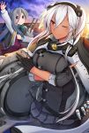  absurdres ahoge arm_up black_gloves black_legwear black_nails blue_hair bow bowtie breasts cannon commentary_request dark_skin glasses gloves grey_eyes grey_hair hair_between_eyes highres jacket_on_shoulders kantai_collection kiyoshimo_(kantai_collection) large_breasts long_hair low_twintails machinery miniskirt multicolored_hair multiple_girls musashi_(kantai_collection) nail_polish ocean one_eye_closed pantyhose partly_fingerless_gloves red_eyes remodel_(kantai_collection) sakuramon shirt short_hair_with_long_locks skirt sunset turret twintails type_91_armor-piercing_shell very_long_hair white_hair white_shirt yunamaro 