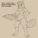 anthro areola belly big_areola breasts candy casual_nudity chocolate chocolate_chip_cookie chocolate_chips clothing cookie cooking cookware dessert dialogue female food genitals hand_on_hip handwear handwear_only hazel_(dbravefurry113) hi_res kitchen_utensils looking_at_viewer maddworld mammal mostly_nude navel nipples nude oven_mitts oven_mitts_only paws procyonid pubes pubic_fuzz raccoon slightly_chubby solo tail talking_to_viewer text tools vulva