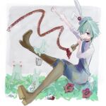  1boy ahoge animal_hat boots border brown_boots bucket collared_shirt commentary_request denim denim_shorts earrings genshin_impact grass green_hair hair_between_eyes hat highres holding holding_paintbrush jewelry lohen_(genshin_impact) looking_at_viewer male_focus mole mole_under_eye multicolored_eyes non_non291 paint paintbrush rabbit rabbit_hat shirt short_hair shorts single_earring sitting solo white_border white_hat white_shirt 