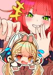  2girls @_@ absurdres alice_thymefield animal_ears blonde_hair blush braid cardigan chibi commentary_request embarrassed green_eyes green_skirt hair_ornament hand_to_own_mouth heterochromia highres lifting_person long_hair looking_at_viewer mini_person minigirl multiple_girls open_mouth pianissimov235 pink_background rabbit_ears rabbit_girl red_eyes red_hair shirt simple_background skirt smile smug sphere_hair_ornament tears twin_braids twintails ukinami_yuzuha white_shirt yellow_eyes zenless_zone_zero 