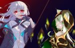  2girls absurdres animal_ears arknights black_gloves blood blood_on_hand blood_on_mouth cat_ears collar doctor_(arknights) ears_through_headwear female_doctor_(arknights) floating_hair gloves green_eyes green_hair hair_between_eyes highres hood hood_up kal'tsit_(arknights) kal'tsit_(boss)_(arknights) long_hair looking_up multiple_girls navel oil-paper_umbrella parted_lips red_eyes robe umbrella user_gnvk3258 white_hair white_robe 