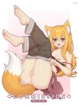  1girl absurdres angry animal_ear_fluff animal_ears anus artist_name barefoot black_eyes blush border breasts breasts_out cleavage clitoral_hood clitoris clothes_pull collarbone commentary commission crop_top english_commentary fox_ears fox_girl fox_tail gradient_background grey_pants highres legs_together legs_up long_hair looking_at_viewer lying medium_breasts mo_(k40633) nipples on_back open_mouth orange_hair original panties pants pants_pull panty_pull perineum pink_background pussy red_shirt shirt signature soles solo strap_slip sweatdrop tail thighs toes twitter_username uncensored underwear v-shaped_eyebrows white_background white_border white_panties 