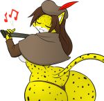  2018 anthro bard big_butt black_nose breasts butt cheetah clothed clothing digital_media_(artwork) feline female fur hair hat hayakain hi_res instrument lute mackenzie_boyd_(lildredre) mammal music open_mouth simple_background smile solo spots spotted_fur standing thick_thighs thong traditional_media_(artwork) underwear voluptuous white_background white_fur wide_hips 