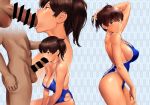  1girl arm_up bangs bar_censor bare_shoulders blue_swimsuit blush breasts brown_eyes brown_hair censored cleavage closed_mouth collarbone commentary_request cross-laced_swimsuit erection fellatio hand_in_hair hetero highleg highleg_swimsuit highres hips kaga_(kantai_collection) kantai_collection large_breasts long_hair looking_at_viewer multi-strapped_swimsuit multiple_views one-piece_swimsuit open_mouth oral penis sagging_breasts side_ponytail strap_gap swimsuit testicles thighs wa_(genryusui) yagasuri 