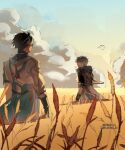  2boys armor artist_name beads black_gloves black_hair black_jacket black_shirt blue_coat blue_sky caelus_(honkai:_star_rail) chinese_clothes clenched_hand closed_mouth cloud cloudy_sky coat commentary cowboy_shot dan_heng_(honkai:_star_rail) dan_heng_(hunt)_(honkai:_star_rail) earrings evening fingerless_gloves from_behind gloves gold_trim gradient_sky grey_hair hair_between_eyes highres honkai:_star_rail honkai_(series) hood hooded_jacket jacket jewelry lethao_ltt long_sleeves looking_at_another looking_back male_focus multicolored_coat multiple_boys outdoors shirt short_hair shoulder_armor single_earring sky smile standing tassel trailblazer_(honkai:_star_rail) two-tone_coat untranslatable_commentary watermark weeds white_coat yellow_eyes yellow_sky 