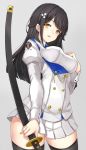  animal_ears asya azur_lane bangs black_hair black_legwear blush bow breasts brown_eyes buttons choukai_(azur_lane) clothes_writing commentary_request cowboy_shot dog_ears double-breasted eyebrows_visible_through_hair grey_background hair_between_eyes hair_ornament hand_on_own_chest holding holding_sword holding_weapon jacket juliet_sleeves katana large_breasts long_hair long_sleeves looking_at_viewer open_mouth pleated_skirt puffy_sleeves shirt sidelocks simple_background skirt smile solo sword thighhighs weapon white_jacket white_skirt 