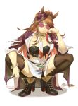  1girl :/ absurdres animal_ears bike_shorts black_boots black_thighhighs boots bracelet breasts brown_hair chain choker closed_mouth ear_ornament ears_through_headwear fedora forever_young_(racing)_(umamusume) forever_young_(umamusume) full_body green_choker green_eyes hat high_heels highres horse_ears horse_girl jacket jewelry long_hair medium_breasts multicolored_hair multiple_rings necktie purple-tinted_eyewear purple_hat purple_jacket ring ruukii_drift shirt simple_background skirt solo squatting strapless strapless_shirt streaked_hair sunglasses thighhighs tinted_eyewear umamusume white_background white_necktie white_skirt white_streaks 