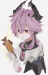  1boy black_jacket black_shirt capelet chest_jewel collared_capelet commentary_request crossed_bangs dragon_boy dragon_horns durin_(genshin_impact) fish fish_(food) food gem genshin_impact gloves hair_between_eyes holding holding_food holding_stick horns jacket male_focus medium_hair non_non291 parted_lips purple_hair shirt solo stick upper_body white_background white_gloves 