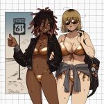  2girls bag bikini black_hair black_jacket blonde_hair breasts clothes_around_waist commentary dark-skinned_female dark_skin dreadlocks english_commentary gold_bikini gold_necklace golden_week gutalalaman hand_in_pocket highres highway hitchhiking jacket jewelry kathy_(gutalalaman) large_breasts medium_breasts multiple_girls navel_piercing necklace original penny_(gutalalaman) piercing plump road_sign sign sunglasses sweater sweater_around_waist swimsuit very_dark_skin 