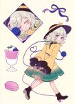 1girl black_boots black_hat boots bow closed_eyes closed_mouth collared_shirt commentary_request disembodied_linked_eye eyeball floral_print food food_request frilled_shirt_collar frilled_sleeves frills full_body green_eyes green_hair green_skirt hat hat_bow heart heart_of_string high_heels highres koishi_day komeiji_koishi long_sleeves looking_at_viewer macaron medium_hair mozukuzu_(manukedori) multiple_views print_skirt rose_print shirt skirt sleeping smile touhou wide_sleeves yellow_bow yellow_shirt 