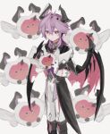  1boy black_boots black_jacket black_shirt boots capelet chest_jewel collared_capelet commentary_request crossed_bangs dragon_boy dragon_horns dragon_tail dragon_wings durin_(genshin_impact) full_body gem genshin_impact hair_between_eyes holding holding_stuffed_toy horns jacket looking_at_viewer male_focus medium_hair non_non291 pants purple_hair shirt solo stuffed_toy tail white_background white_pants wings 