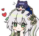 1boy 1girl animal_ears black_bridal_gauntlets black_hair blue_hat blue_jingasa blunt_ends blush bracelet bridal_gauntlets cat_boy cat_ears cat_tail choppy_bangs closed_mouth commentary_request cross-shaped_pupils eyelashes genshin_impact gold gold_bracelet green_eyes green_hair grey_eyes hands_on_own_face hat heart hissing jewelry jingasa korean_commentary long_hair looking_at_another looking_at_viewer lowres mini_person miniboy multicolored_hair nahida_(genshin_impact) open_mouth scaramouche_(genshin_impact) side_ponytail sidelocks smile streaked_hair symbol-shaped_pupils tail wanderer_(genshin_impact) wheat_02 white_background white_hair yellow_pupils 