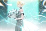  1girl bare_shoulders blonde_hair bouquet ceres_(shuuen_no_virche) crystal_shards dress flower gloves hair_flower hair_ornament holding holding_bouquet kiskil-llira looking_at_viewer official_art rose shuuen_no_virche smile solo white_flower white_rose 