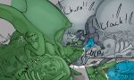 2_horns absurd_res ambiguous_gender ambiguous_prey anthro back_spike balls belly big_balls big_belly big_penis big_tail blue_eyes blue_penis blue_tongue bodily_fluids bone_disposal bones_in_balls character_request claws cock_vore cum cum_drip cum_in_mouth cum_inside cum_on_ground curved_horn digital_drawing_(artwork) digital_media_(artwork) dragon drinking drinking_cum dripping duo ear_frill ejaculation fatal_vore feeding feral frill_(anatomy) genital_fluids genitals green_body green_scales grey_background grey_body grey_scales hi_res horn horn_grab huge_balls huge_belly huge_penis hyper hyper_balls hyper_genitalia male mass_vore membrane_(anatomy) membranous_wings multiple_prey mythological_creature mythological_scalie mythology penile penis scales scalie simple_background size_difference slurping smaller_pred sound_effects stuffing swallowing tail teeth throbbing throbbing_penis toe_claws tongue vauren vauren_(artist) vore white_belly wide_hips wingless_dragon wings