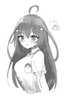  2girls ahoge akino_ell blush breasts chibi commentary_request cropped_torso dual_persona go-toubun_no_hanayome hair_between_eyes hair_ornament highres in_pocket long_hair looking_at_viewer looking_to_the_side medium_breasts mini_person minigirl multiple_girls nakano_itsuki parted_lips shirt short_sleeves simple_background star_(symbol) star_hair_ornament translation_request upper_body very_long_hair white_background 