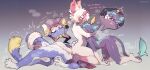 anthro between_breasts blue_body blue_fur bodily_fluids breasts clitoral_hood cunnilingus domestic_cat ejaculation eyewear face_between_breasts face_in_breasts facesitting felid feline felis female female/female fur genital_fluids genitals glasses group hand_on_butt hi_res horn mammal oral sex sitting sitting_on_another swaybat trio twitching vaginal vaginal_fluids vaginal_squirting wearing_glasses white_body white_fur