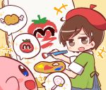  1girl :d adeleine bangs beret blue_eyes blue_skirt blush boned_meat brown_eyes brown_hair candy canvas_(object) creature easel eye_contact eyebrows_visible_through_hair food green_shirt hat holding holding_paintbrush invincible_candy kirby kirby_(series) lollipop looking_at_another looking_to_the_side maxim_tomato meat naga_u open_mouth paintbrush painting red_hat shirt short_sleeves skirt smile sweatdrop swirl_lollipop 