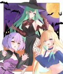  3girls absurdres aizawa_ema bat_(animal) black_dress black_hat black_nails blonde_hair blue_eyes blue_nails breasts closed_mouth commentary_request dress earrings fangs fishnet_pantyhose fishnets ghost_hair_ornament green_hair hair_ornament hairpin hat highres jewelry kaeha long_hair moon multiple_girls open_mouth pantyhose purple_eyes purple_hair shinomiya_runa short_hair upper_body virtual_youtuber vspo! witch_hat yakumo_beni yellow_eyes 