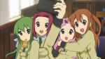  ashford_academy_uniform blue_eyes c.c. code_geass commentary_request derivative_work euphemia_li_britannia food green_eyes green_hair holding holding_phone hug k-on! kallen_stadtfeld long_hair mouth_hold multiple_girls orange_hair parody phone pink_hair pizza purple_eyes red_hair rori_(lovesick_bomb) school_uniform shirley_fenette short_hair smile taking_picture yellow_eyes 