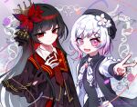  2girls absurdres atai_(56874442) black_hair blush chinese_commentary commentary_request crown flower hair_ornament highres long_hair looking_at_viewer mahou_shoujo_no_majo_saiban multiple_girls nikaido_hiro pink_eyes red_eyes sakuraba_ema school_uniform smile v white_hair 