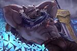  1boy 7th_art_forge abs animal_ears armpit_hair armpits arms_up bara biceps black_fur black_pants blaidd_the_half-wolf blue_cape bulge cape closed_eyes elden_ring english_commentary fangs field flower flower_field furry furry_male greatsword highres lying male_focus multiple_scars muscular muscular_male navel nipples on_ground open_mouth pants pectorals scar scar_on_arm scar_on_chest scar_on_face scar_on_stomach sword weapon wolf_boy wolf_ears 