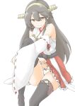  1girl akara_kai bare_shoulders black_hair blush breasts brown_eyes commentary_request detached_sleeves hair_between_eyes hair_ornament hairband hairclip haruna_(kancolle) haruna_kai_ni_(kancolle) headgear highres japanese_clothes kantai_collection long_hair looking_at_viewer nontraditional_miko panties pantyshot ribbon-trimmed_sleeves ribbon_trim sitting smile solo thighhighs underwear white_panties 