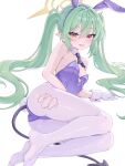  1girl alternate_costume animal_ear_hairband animal_ears bare_shoulders black_tail blue_archive blush breasts clothing_cutout commentary cutout_above_navel demon_tail detached_collar dnishe0_0 earrings fake_animal_ears fake_tail fang gloves green_hair hairband halo heart_cutout highres jewelry leotard long_hair looking_at_viewer lying necktie nozomi_(blue_archive) on_side open_mouth pantyhose playboy_bunny pointy_ears purple_leotard purple_necktie rabbit_ear_hairband rabbit_ears rabbit_tail short_necktie simple_background skin_fang small_breasts smile solo strapless strapless_leotard tail torn_clothes torn_pantyhose twintails twitter_username untranslatable_commentary white_background white_gloves white_pantyhose white_wrist_cuffs wrist_cuffs yellow_eyes yellow_halo 