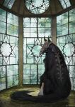  1girl animal artist_name black_fur blonde_hair commentary_request fluffy indoors long_hair mask monokubo monster original overgrown oversized_animal robe skull_mask standing tail tree white_robe window 