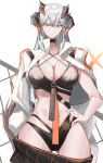  1girl absurdres arknights artist_name ass_visible_through_thighs bikini black_bikini black_choker black_horns breasts chinese_commentary choker cleavage clothes_pull collarbone commentary_request cowboy_shot dragon_girl dragon_horns earrings fingernails grey_hair hair_between_eyes hand_on_own_hip head_tilt highres holding holding_shield horns jewelry large_breasts light_smile long_hair looking_at_viewer madana_gege multi-strapped_bikini_bottom multi-strapped_bikini_top multicolored_horns multiple_horns open_clothes open_shirt orange_eyes orange_horns orange_nails pencil_skirt saria_(arknights) shield simple_background skindentation skirt skirt_pull solo straight-on swimsuit two-tone_horns white_background wide_hips 